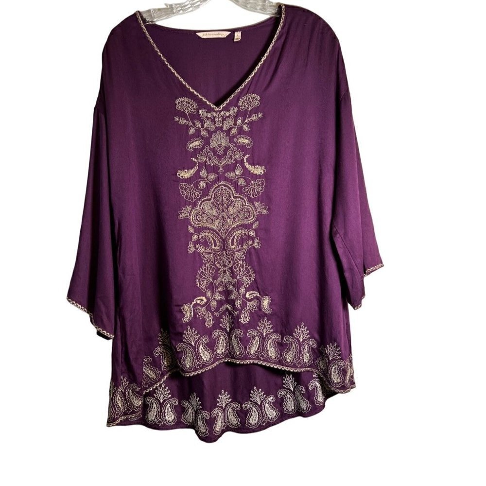 𝅺SOFT Surroundings Idaira Embroidered Women's Purple Tunic Top Size Small